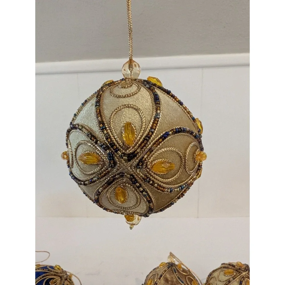 Lot 9 Blue Gold Velvet PUSH PIN Christmas Ornaments Beaded Trim MCM Vintage